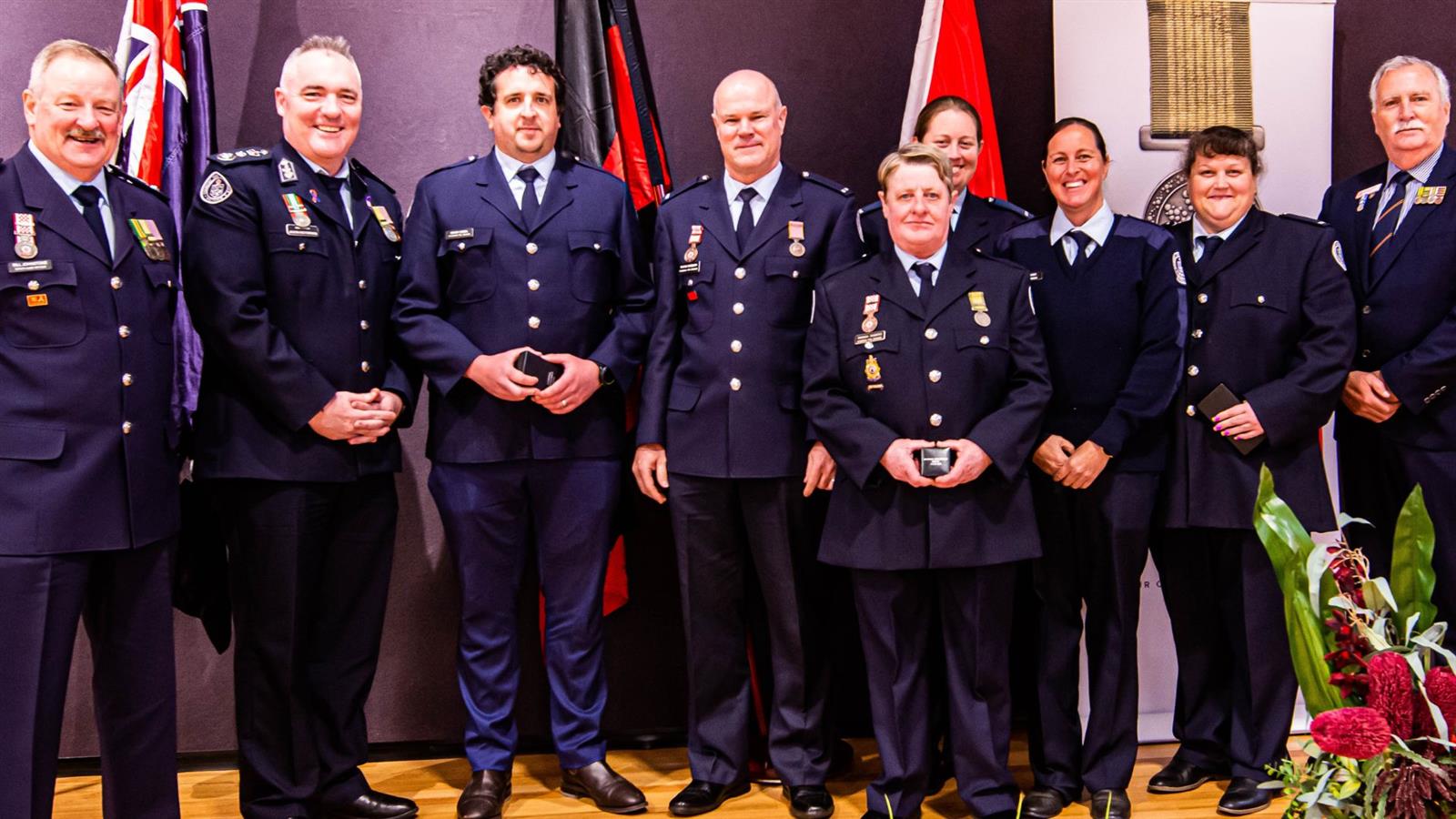 Deputy Chief Officer Bill Johnstone AFSM, Chief Officer Jason Heffernan, Kyabram recipients Ashley Corrin, Wayne Peterson, Amana Roberts, Jodie Elvey, Brooke Giddings, Renae Flemming, CFA Board Member Peter Shaw AFSM